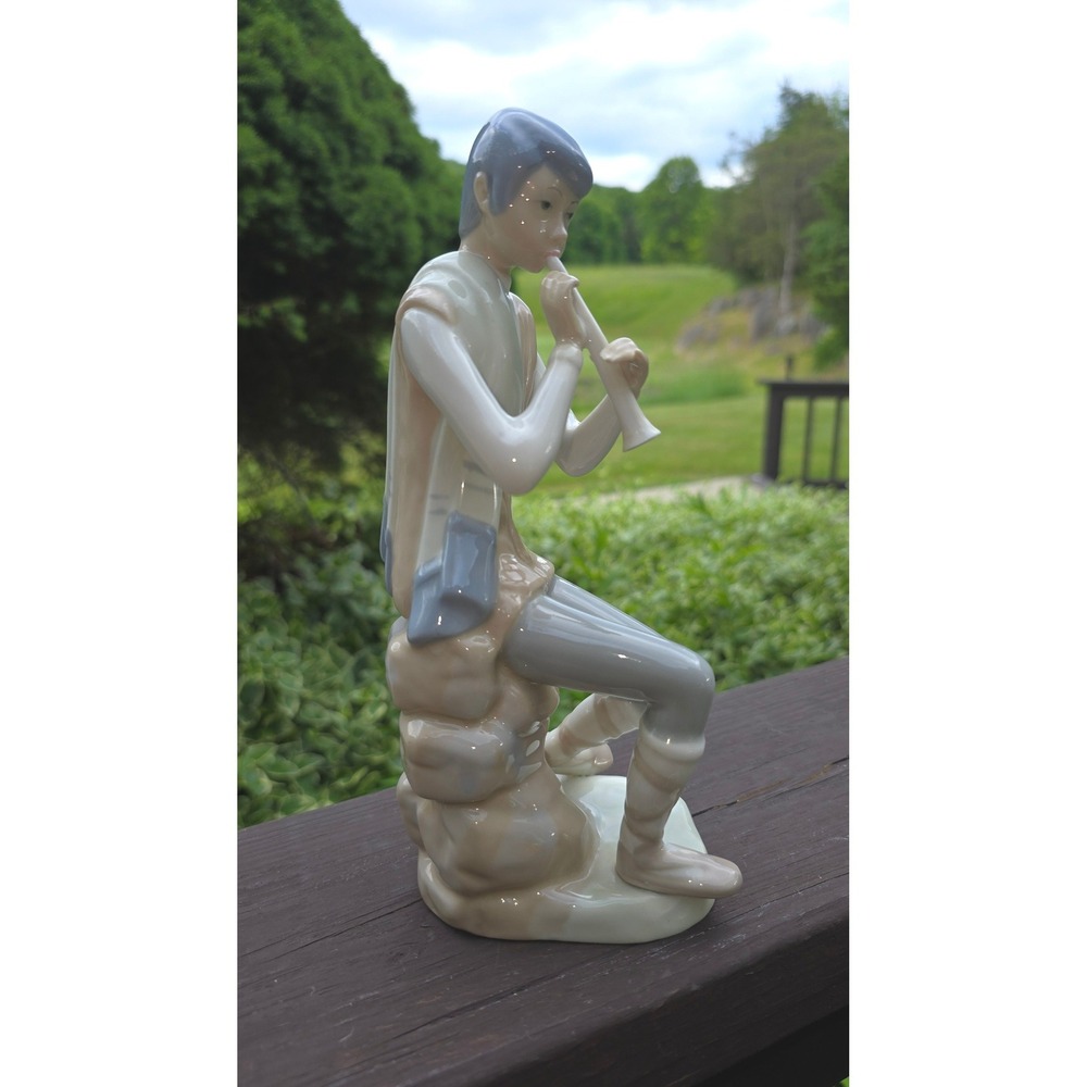 Casades Spain Porcelain Figurine Boy Playing Flute Vintage 8.5"